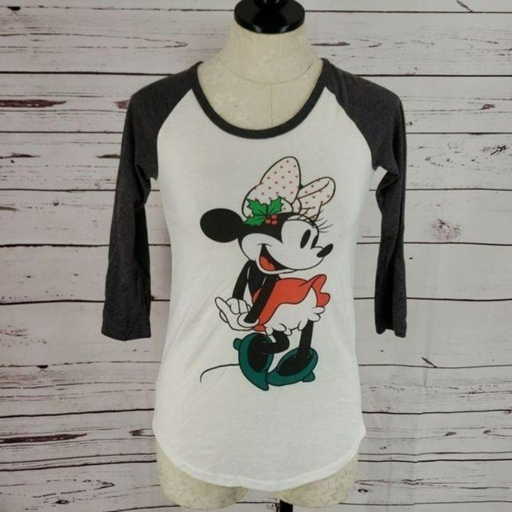 Disney Women's Vintage White Minnie Mouse Christmas 3/4 Sleeve T Shirt Small